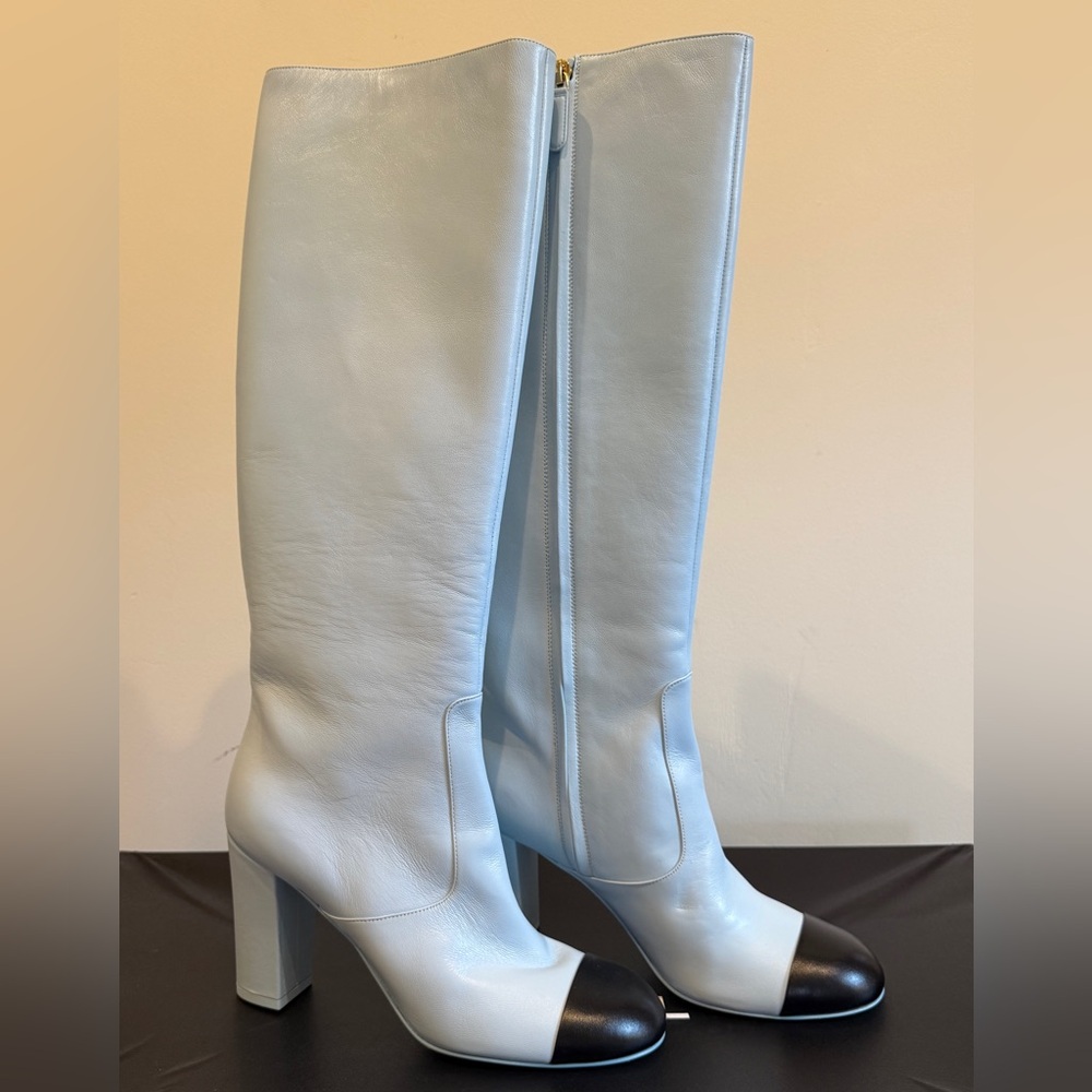 CHANEL Lambskin Light Blue & Black High Boots, size 40
